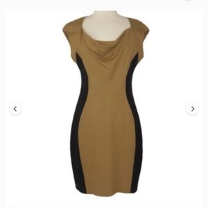Joseph Ribkoff Camel and Black Sheath Dress with Draped Neckline